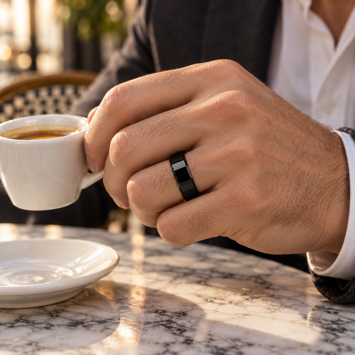 Lifestyle view of 8mm Black Tungsten High-Polish Beveled Band worn on hand