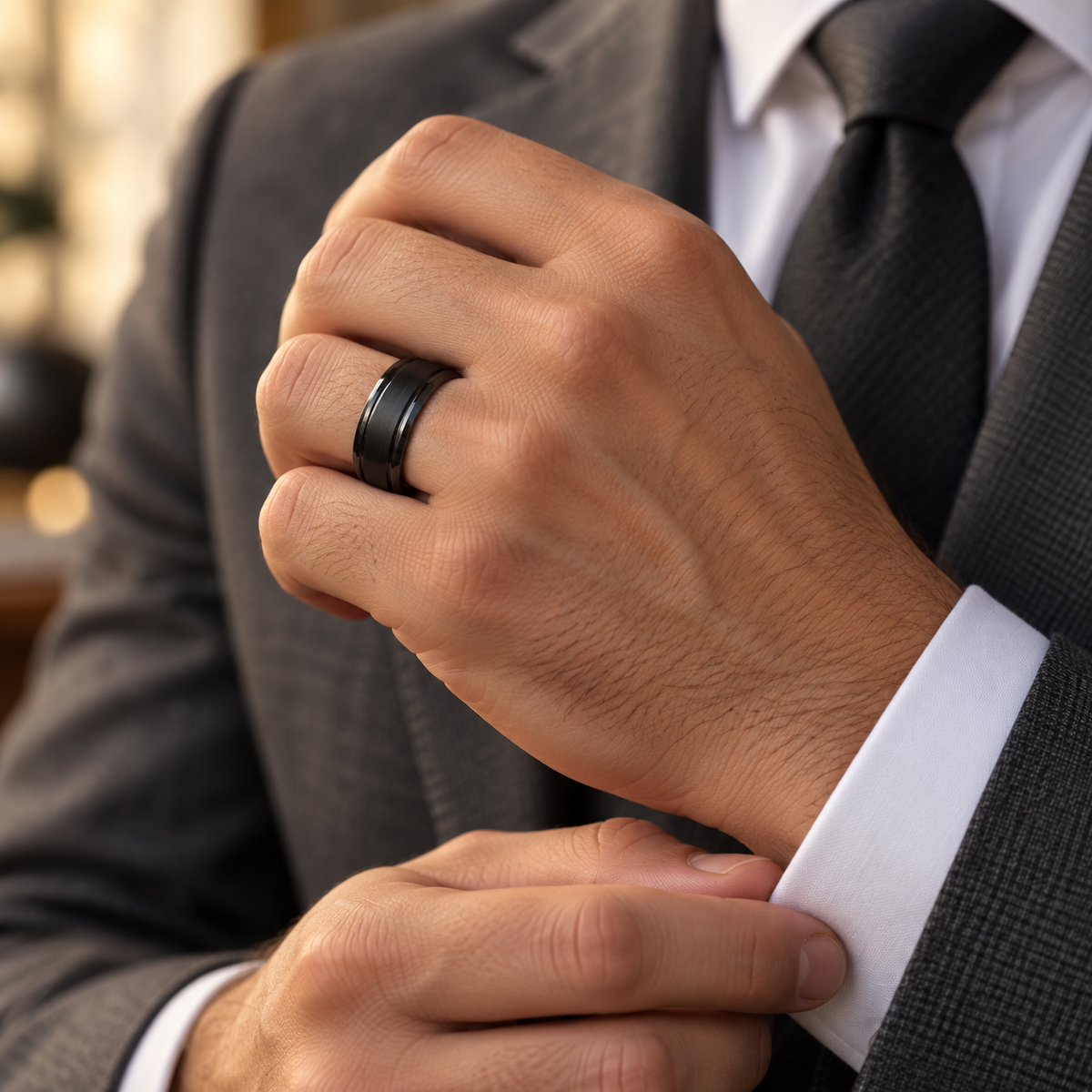 Lifestyle view of 8mm Black Tungsten High-Polish Grooved Beveled Band worn on hand