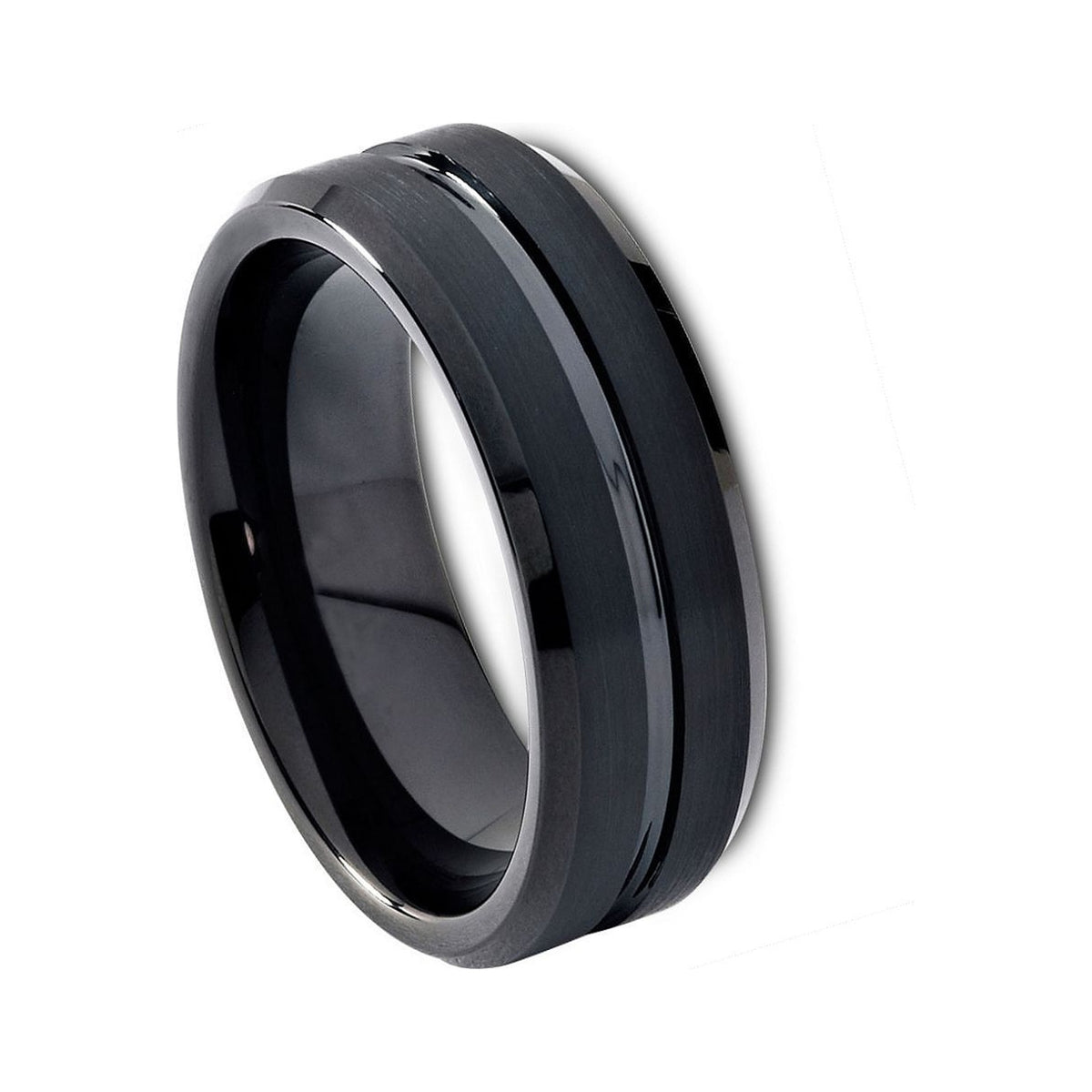 8mm Black Tungsten High-Polish Grooved Beveled Band