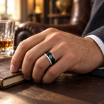 Lifestyle view of 8mm Black Tungsten Masonic Compass Band with White Edges worn on hand