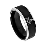 8mm Black Tungsten Masonic Compass Band with White Edges