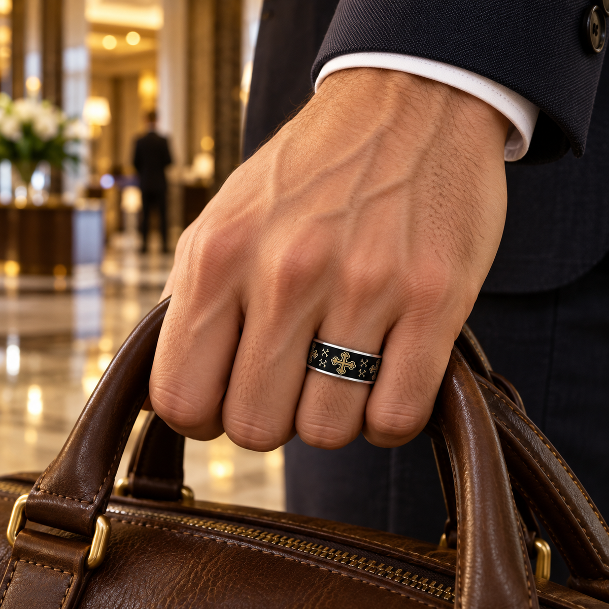 Lifestyle view of 8mm Black Tungsten Matte Cross Band worn on hand