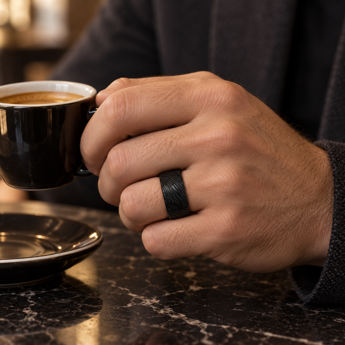 Lifestyle view of 8mm Black Tungsten Mokume Gane Band worn on hand
