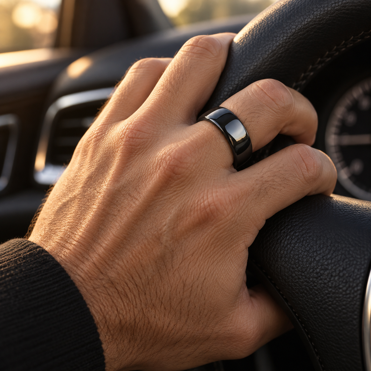 Lifestyle view of 8mm Black Tungsten Smooth High-Polish Domed Band worn on hand