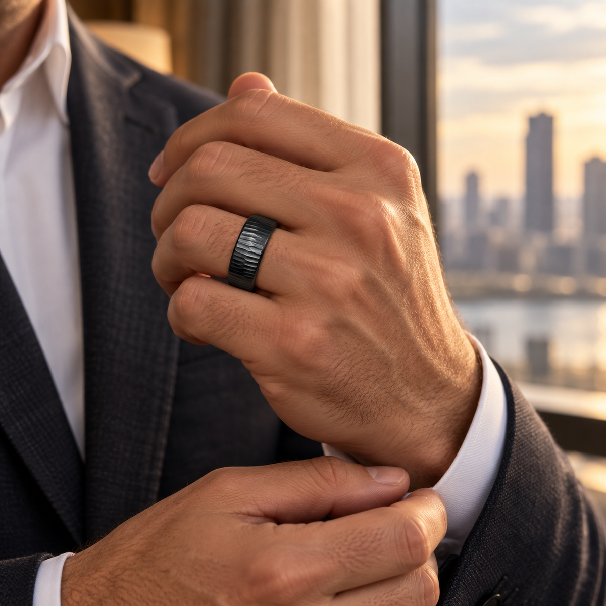 Lifestyle view of 8mm Black Tungsten Tree Bark Band worn on hand