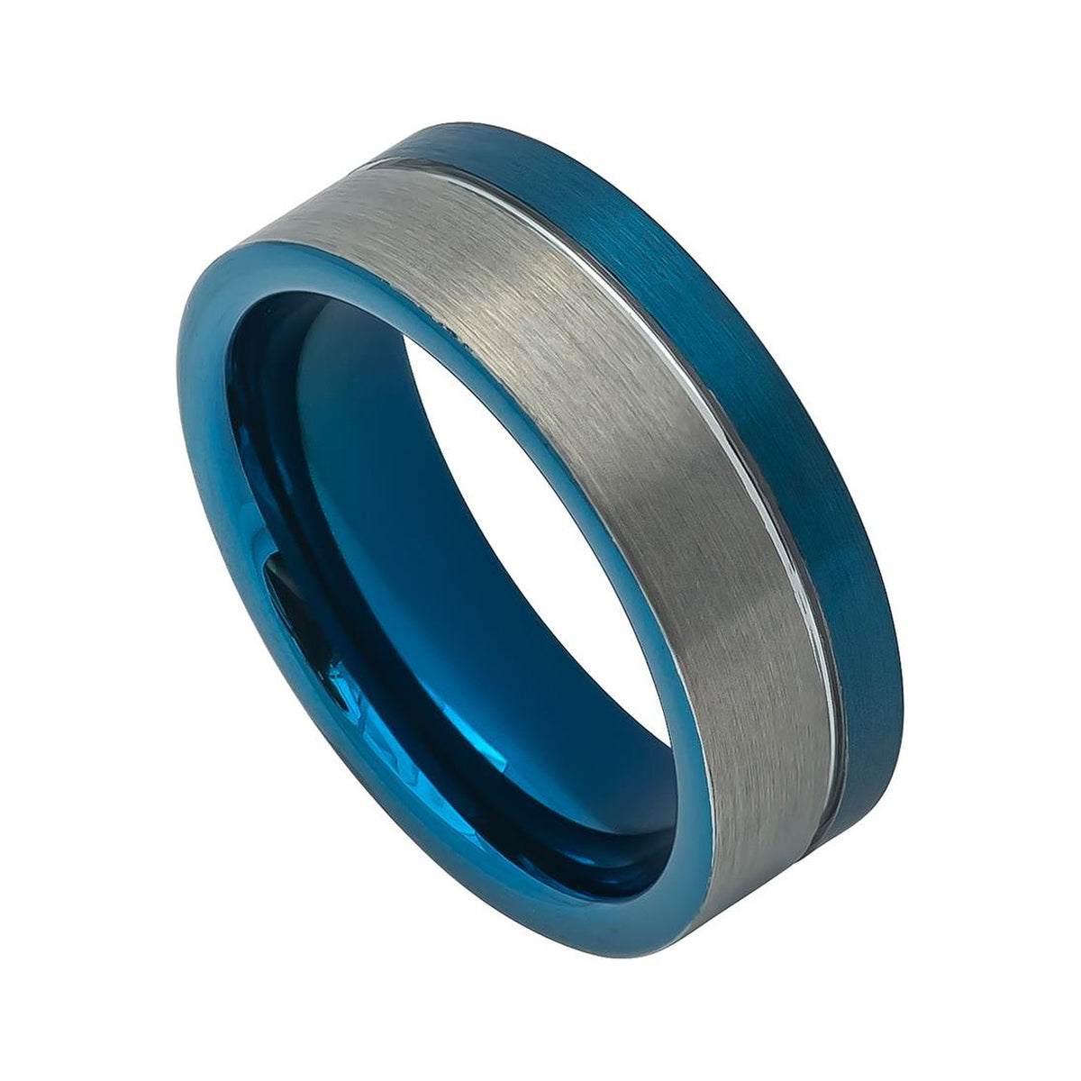 8mm Blue & Gray Tungsten Brushed Flat Band