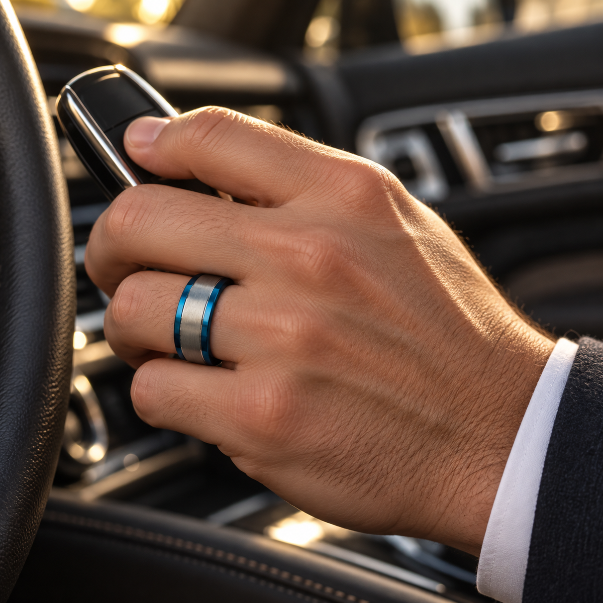 Lifestyle view of 8mm Blue & Gray Tungsten Brushed Flat Band worn on hand