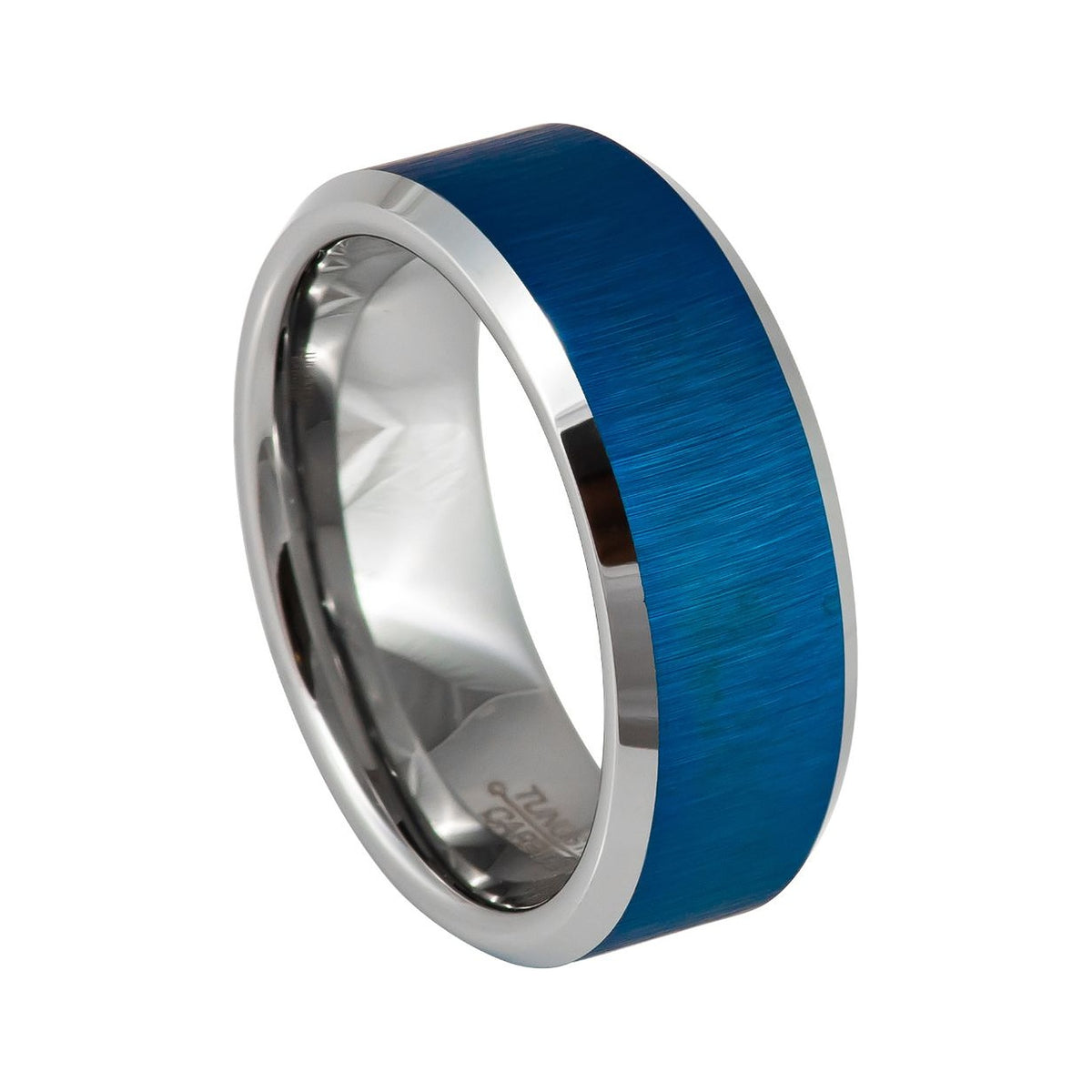 8mm Blue Tungsten Brushed Band with Polished White Beveled Edges