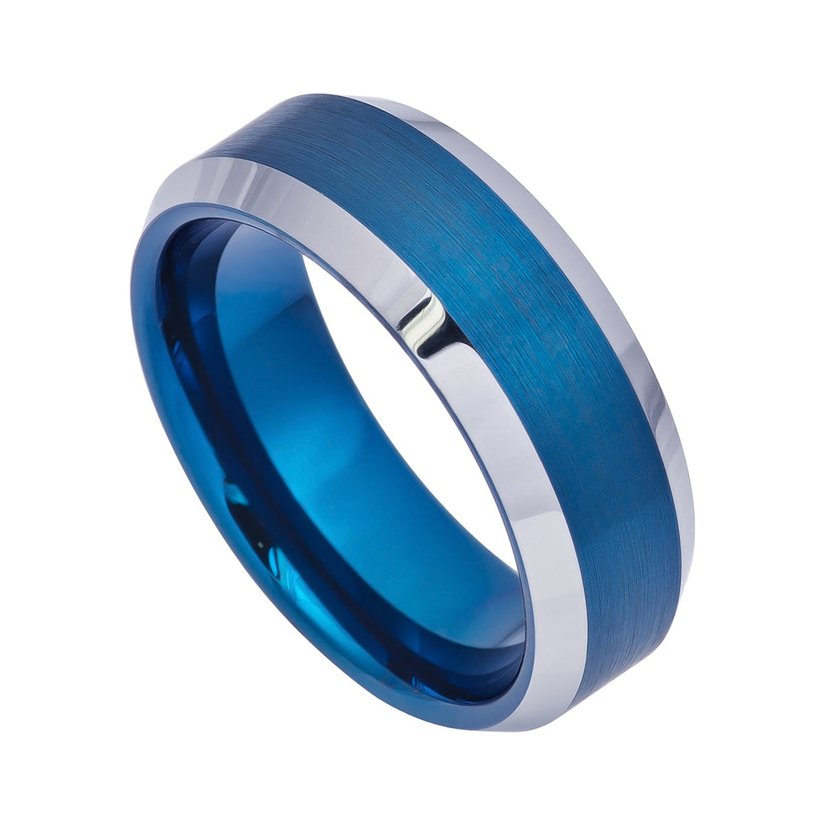 8mm Blue Tungsten Brushed Band with White Beveled Edges