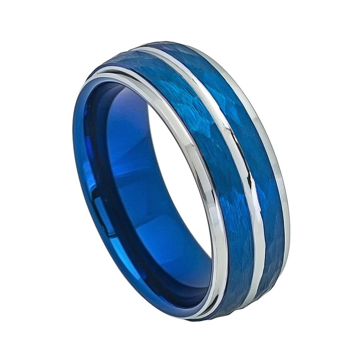 8mm Blue Tungsten Hammered Band with White Grooves