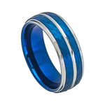 8mm Blue Tungsten Hammered Band with White Grooves