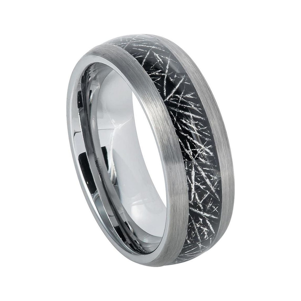 8mm Domed Tungsten Band with Imitation Meteorite Inlay