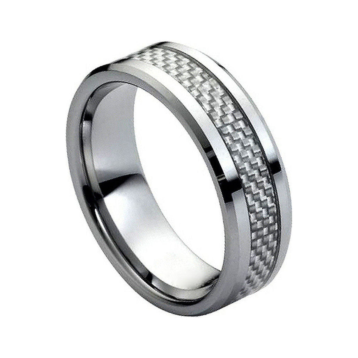 8mm Tungsten Beveled-Edge Band with Gray Carbon Fiber Inlay