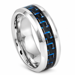 8mm tungsten band with blue carbon fiber inlay on white background
