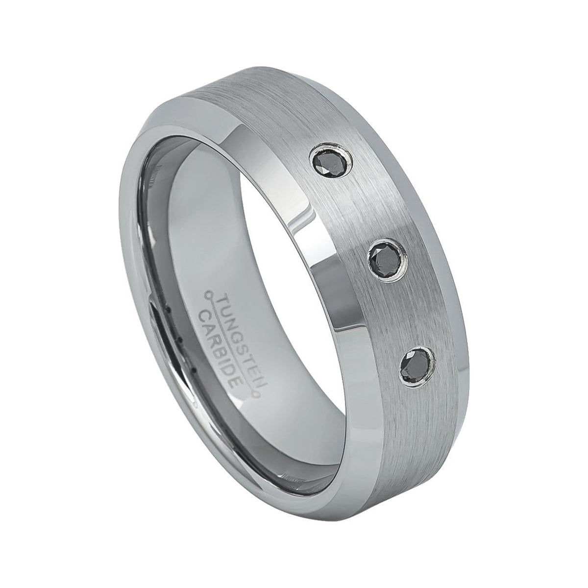 8mm Tungsten Brushed Beveled Band with 3 Black Diamonds