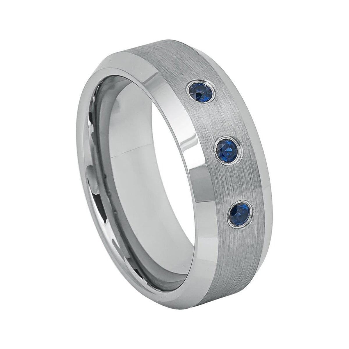 8mm Tungsten Brushed Beveled Band with 3 Sapphires