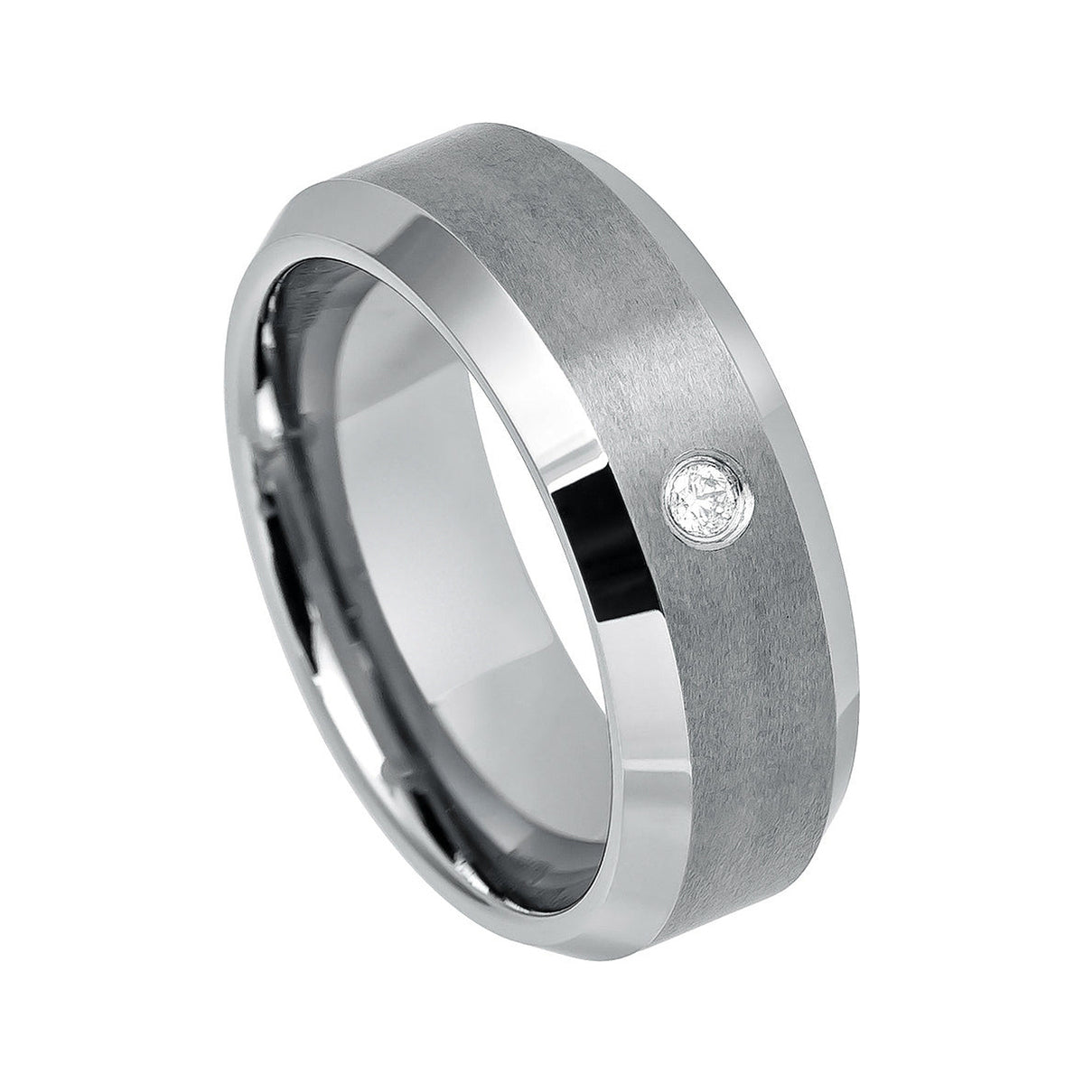 8mm Tungsten Brushed Beveled-Edge Band with White Diamond