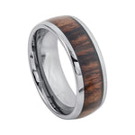 A polished silver-colored metal ring featuring a dark brown wood grain inlay, shown on a clean white background.