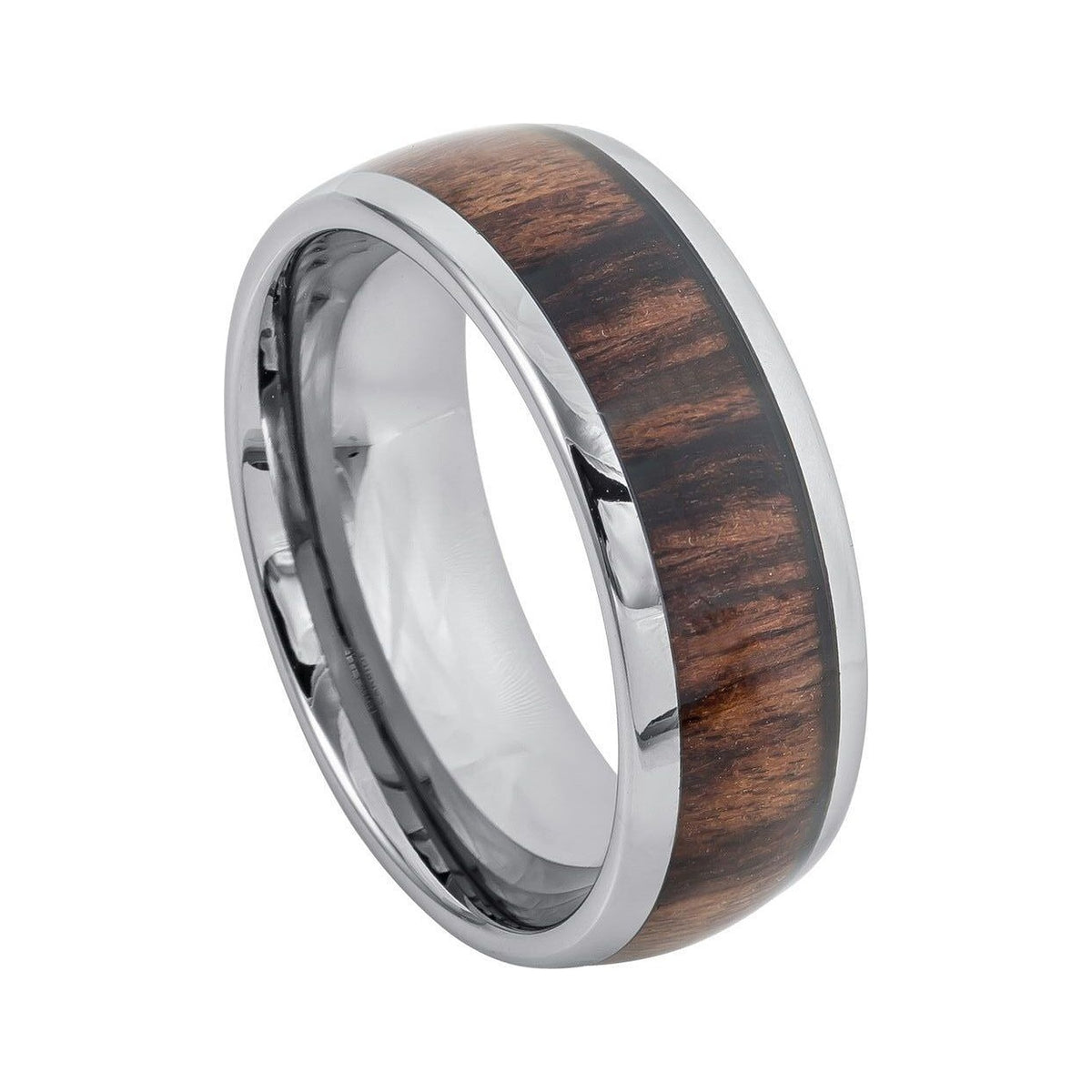 A polished silver-colored metal ring featuring a dark brown wood grain inlay, shown on a clean white background.