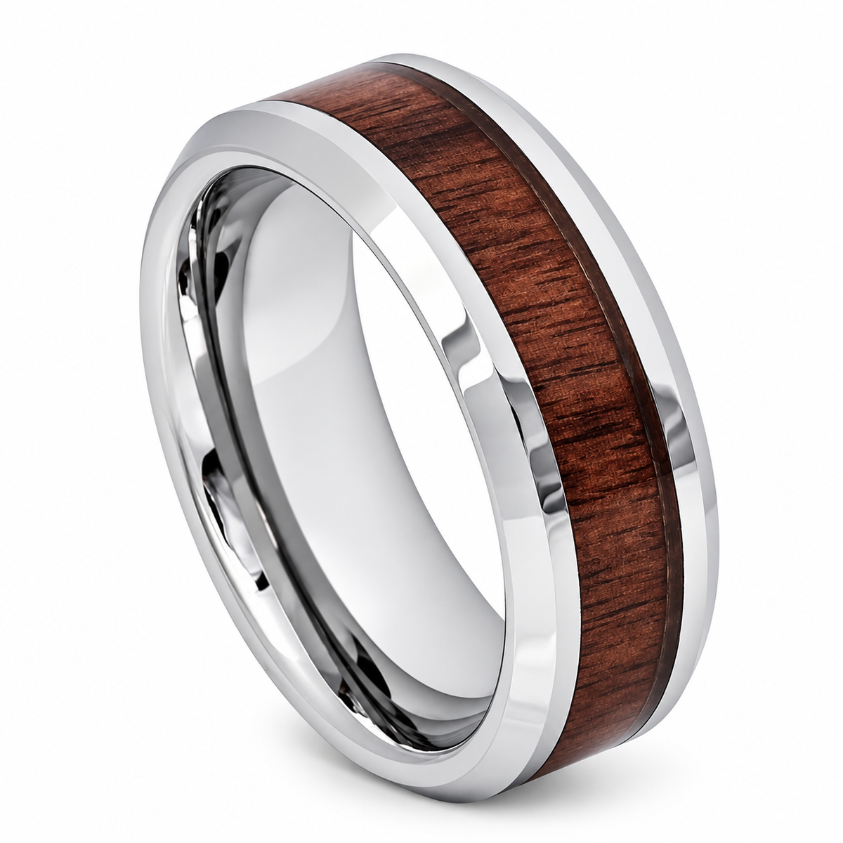 8mm polished tungsten band with mahogany wood inlay on white background