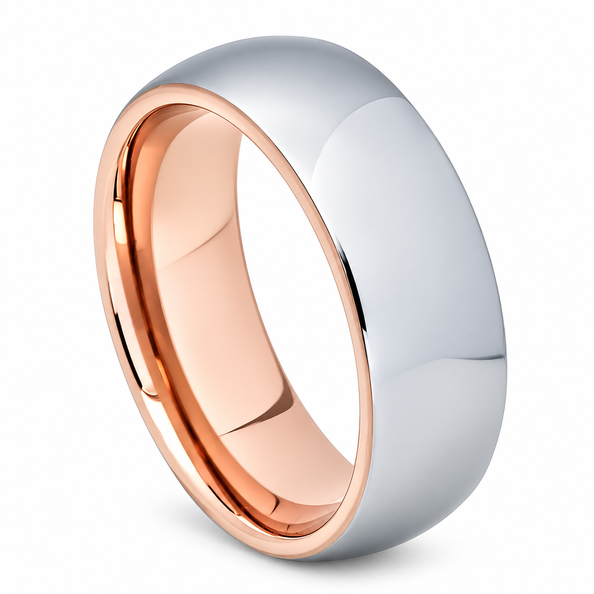 8mm polished tungsten band with rose-tone interior on white background