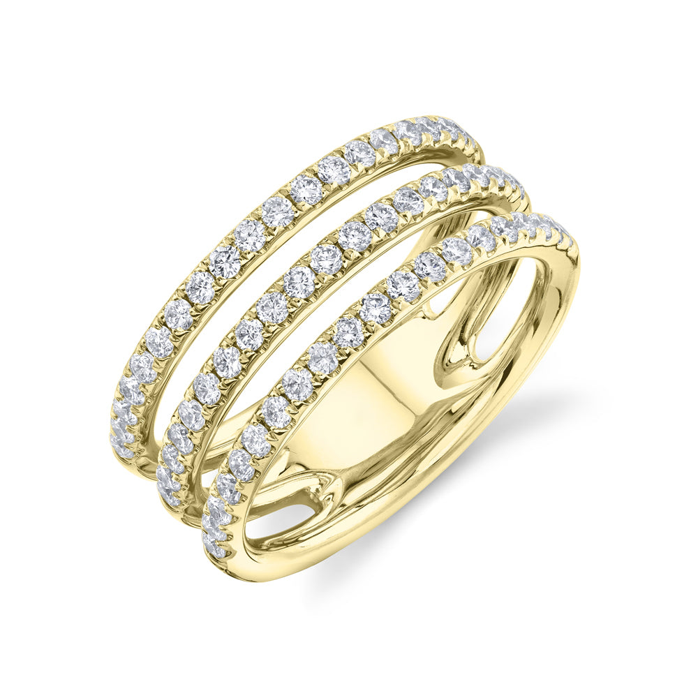 A three-row pavé diamond ring with a gold band and multiple rows of set diamonds.