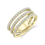 A three-row pavé diamond ring with a gold band and multiple rows of set diamonds.