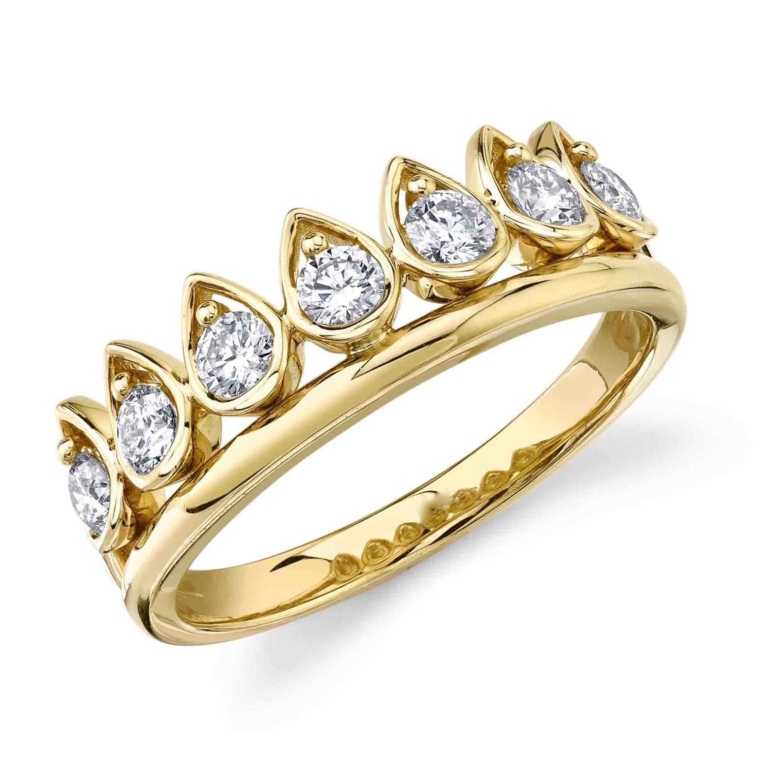 A gold ring featuring a series of crown-shaped settings with diamonds in a alternating pattern design.