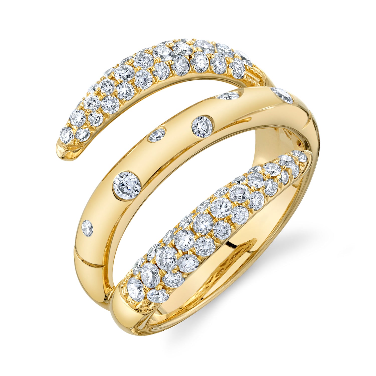 A gold wrap ring with multiple bands of inset diamonds.