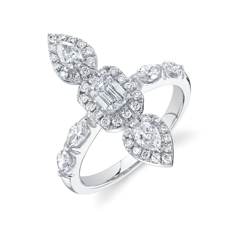 Emerald-Cut + Pear Diamond Ring in White Gold on white background