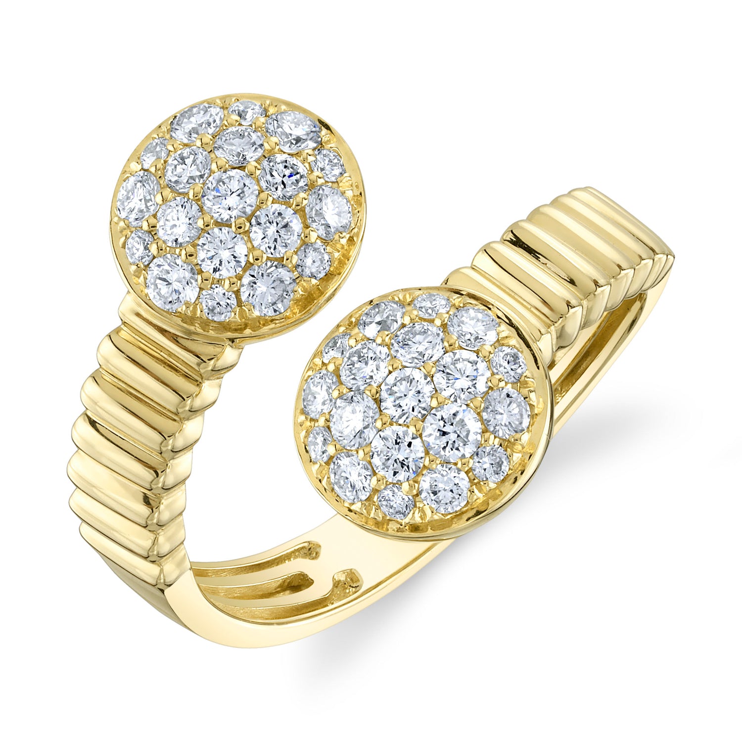A gold-colored metal wrap ring with inset diamonds on a white background.