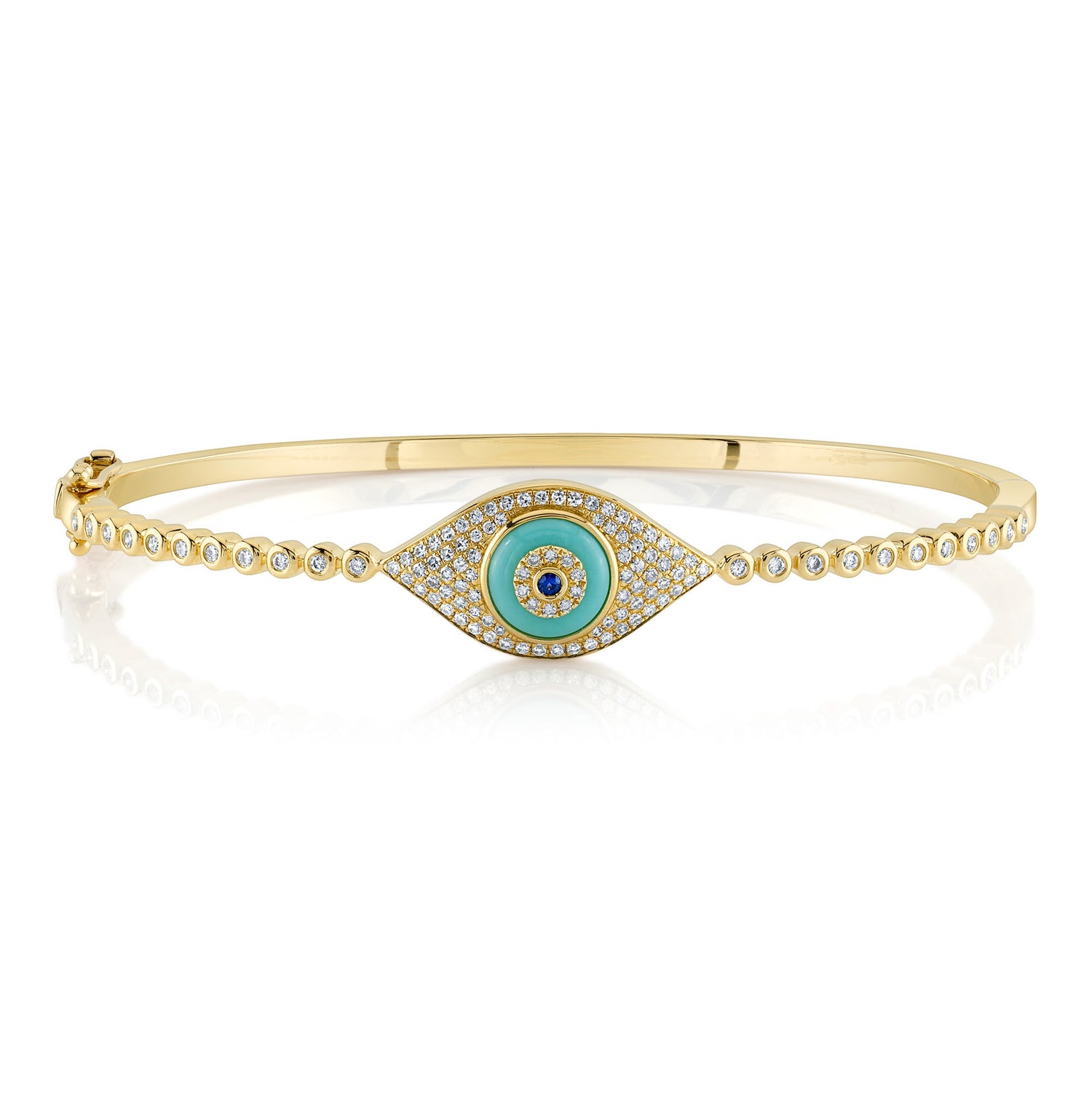 A 14K gold bracelet featuring a row of round diamonds and a central turquoise stone, commonly known as an evil eye bracelet.