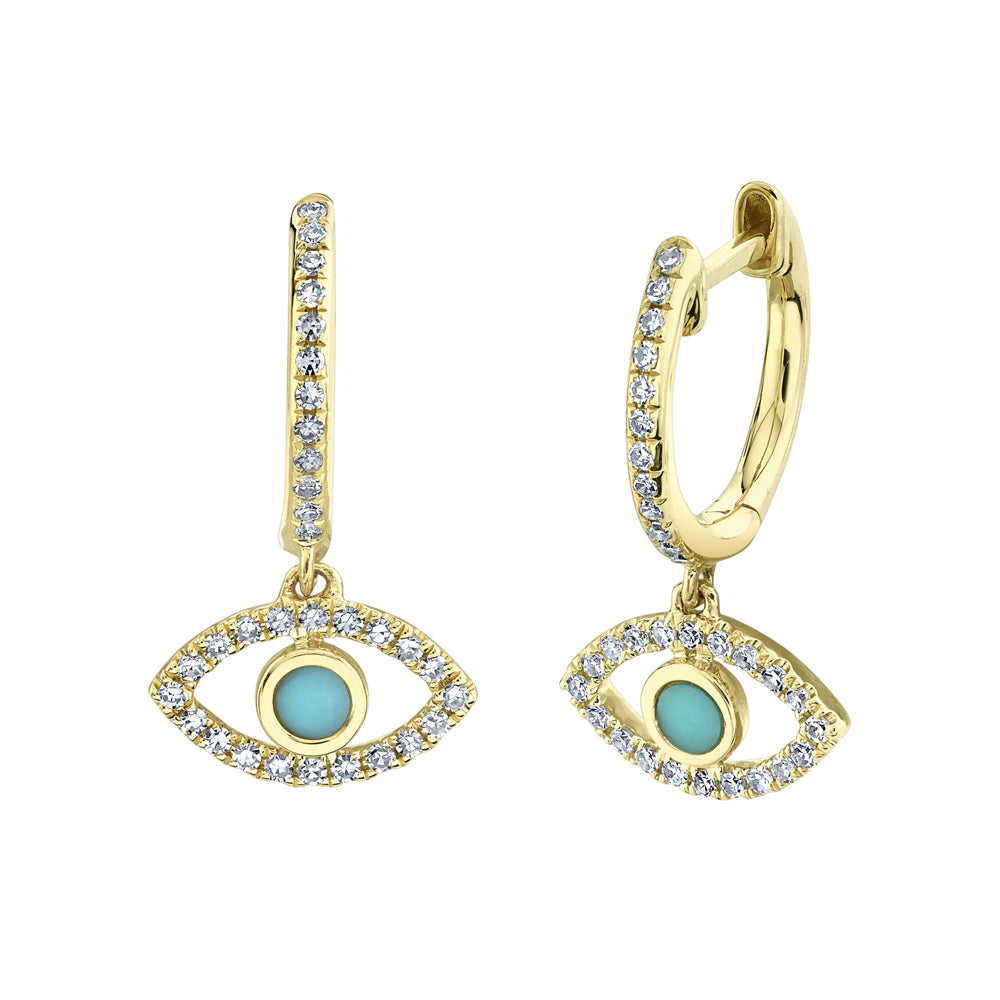 A pair of gold-colored hoop earrings with a turquoise and clear encrusted design, resembling an evil eye.
