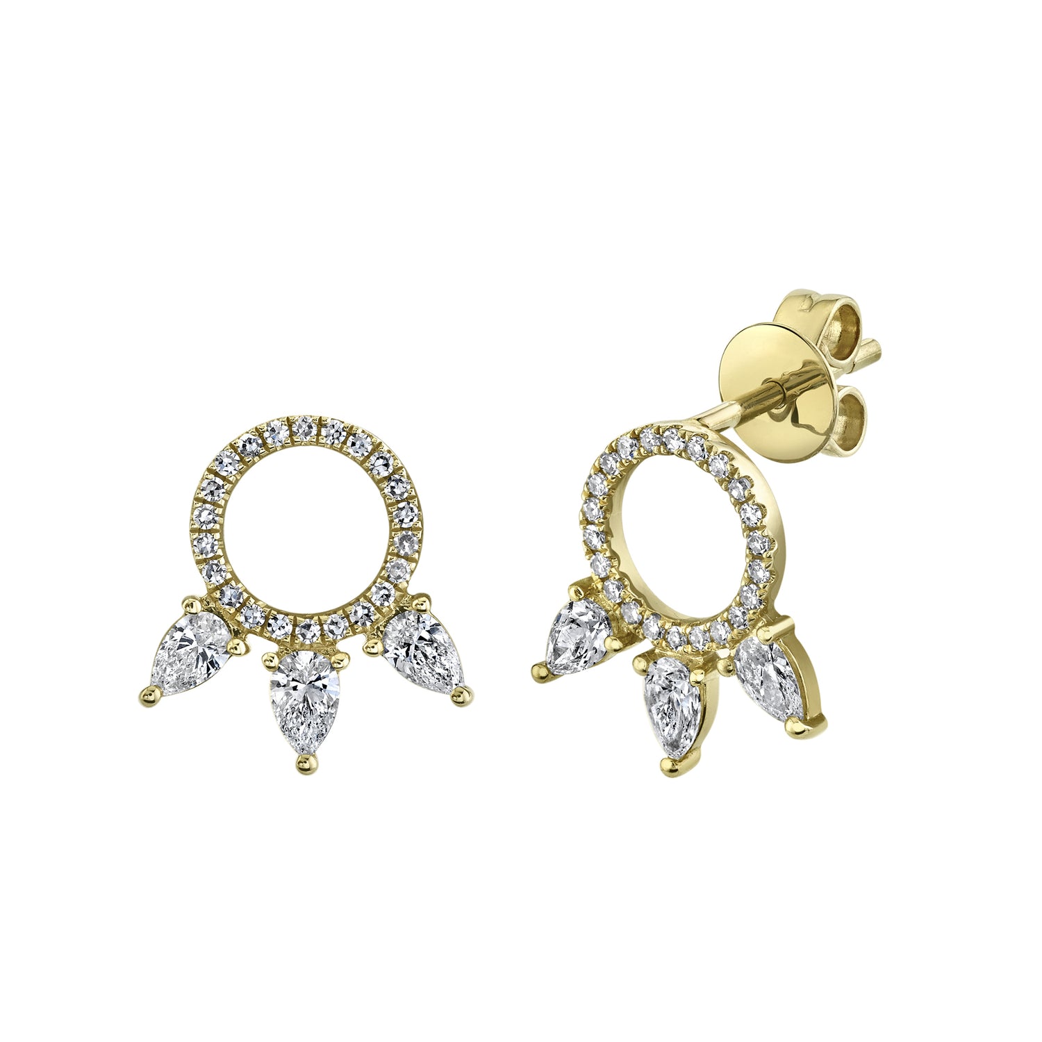 A pair of 14k gold diamond pear stud earrings with multiple smaller diamonds around the pear shaped main diamond.