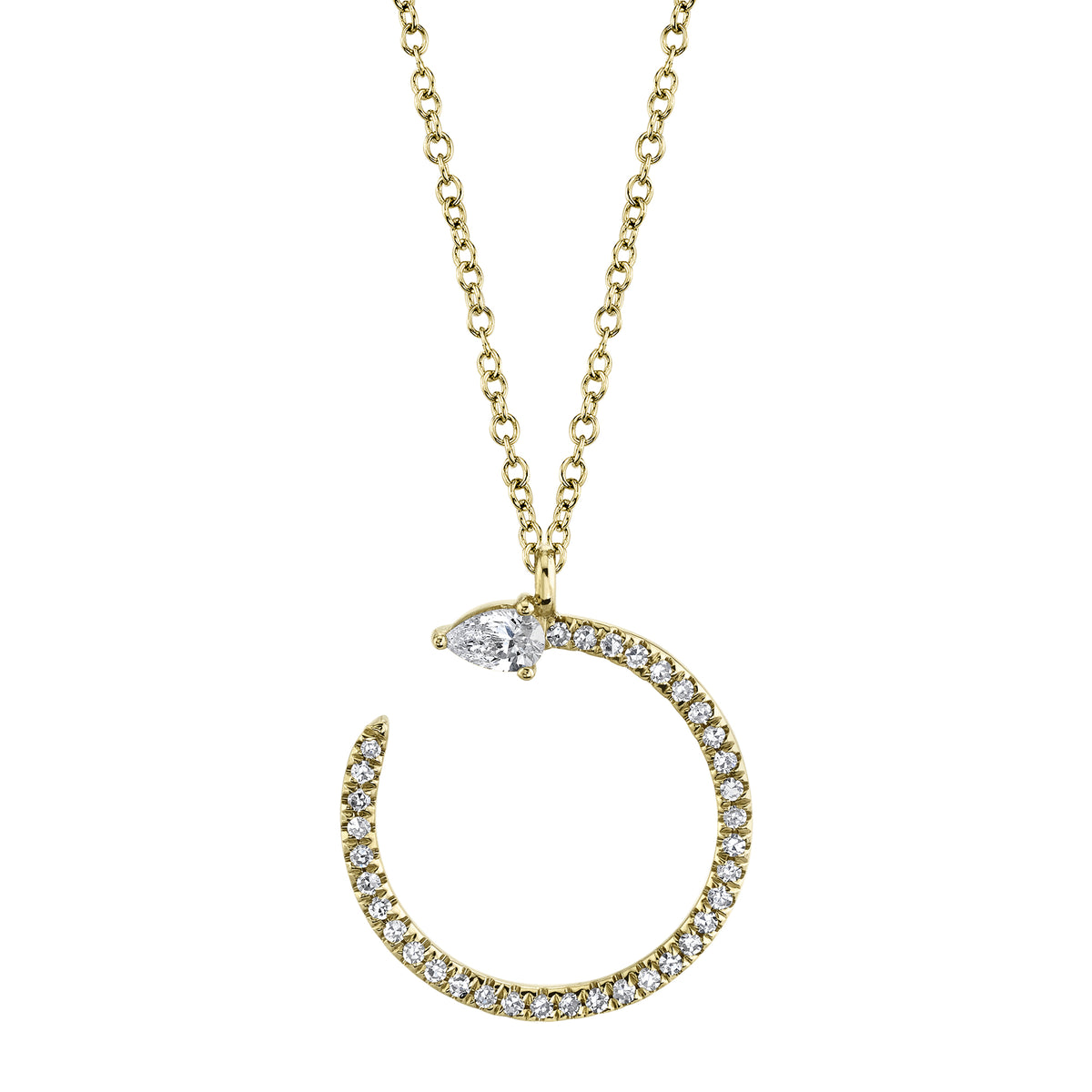 A gold-colored necklace featuring a pear-shaped diamond pendant with smaller round diamonds on the chain.