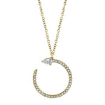 A gold-colored necklace featuring a pear-shaped diamond pendant with smaller round diamonds on the chain.