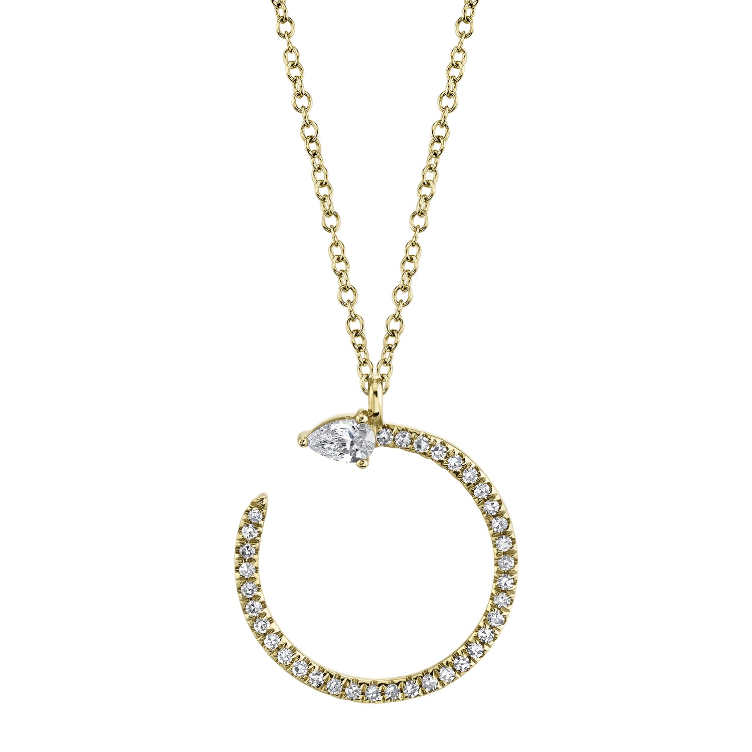 A gold-colored necklace featuring a pear-shaped diamond pendant with smaller round diamonds on the chain.
