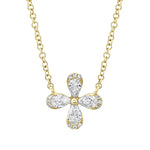 A gold-colored necklace featuring a pear-cut flower-shaped pendant adorned with diamonds.