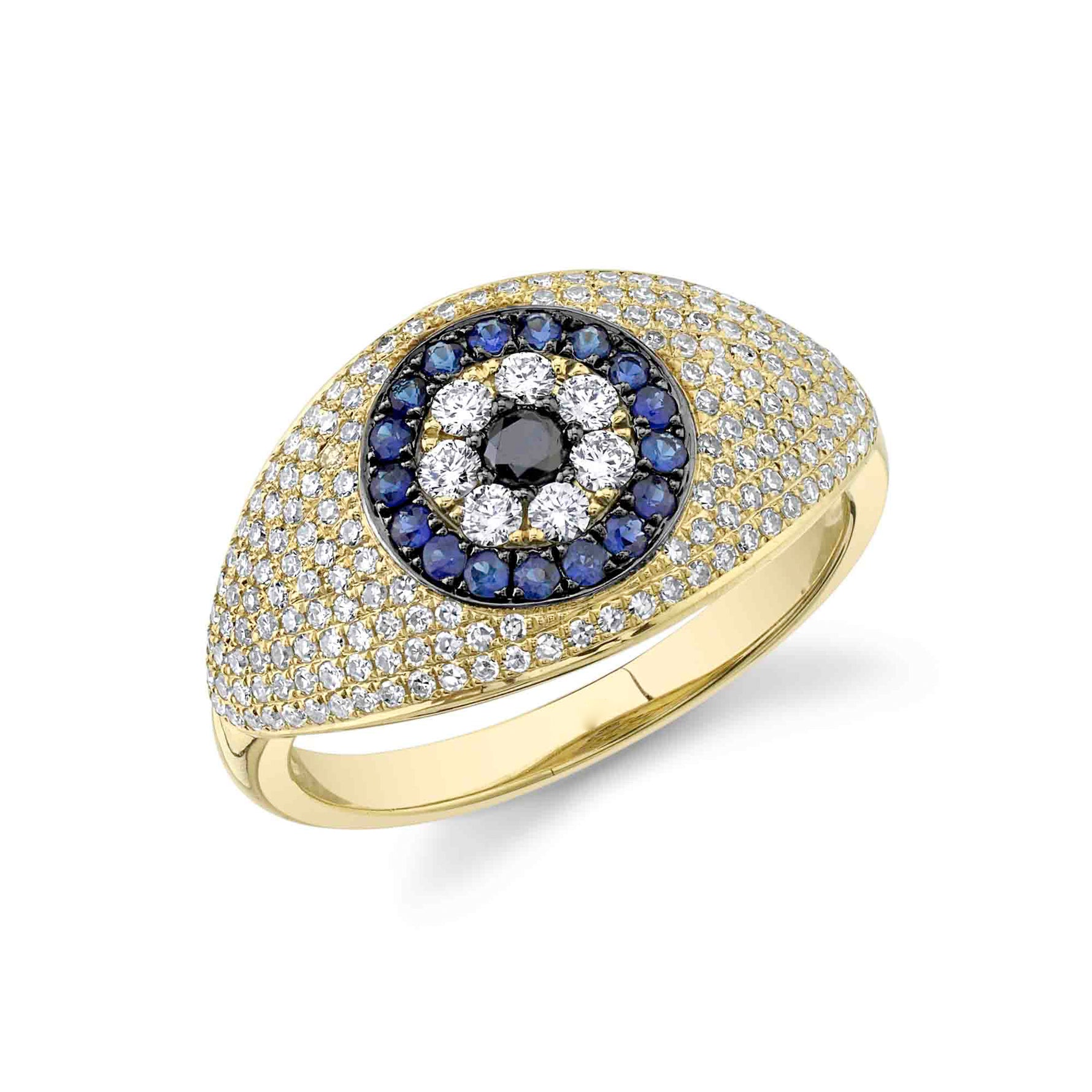 A diamond evil eye ring featuring a central sapphire stone surrounded by pavé diamonds, with a blue and white color scheme.