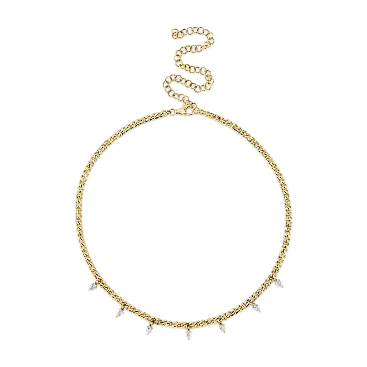 A gold-colored necklace with pear shape diamond accents on a chain.