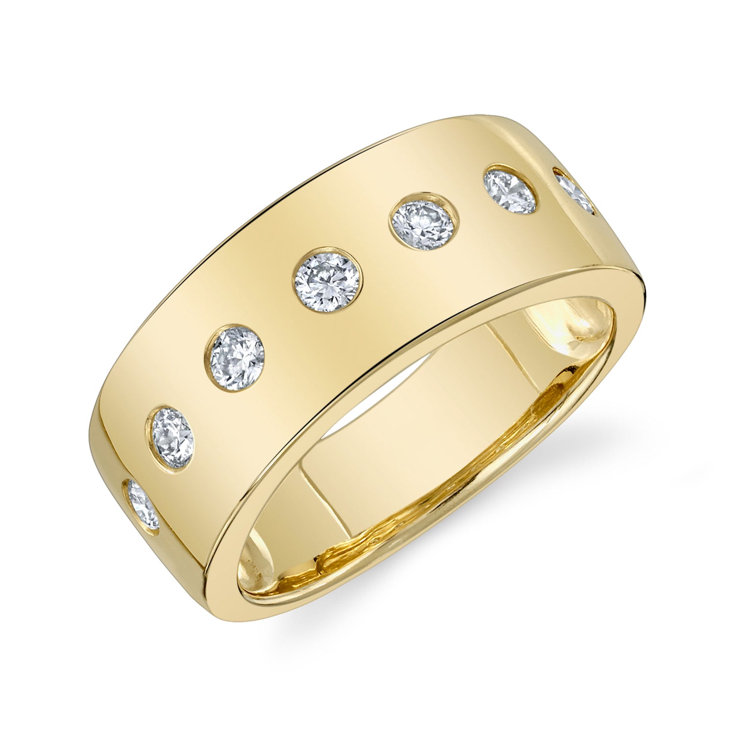 A 14k gold ring with seven bezel-set diamonds on the top surface.