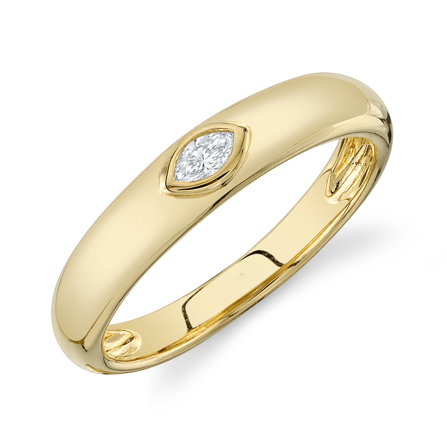 A gold band bezel ring with a single round diamond set in the bezel setting