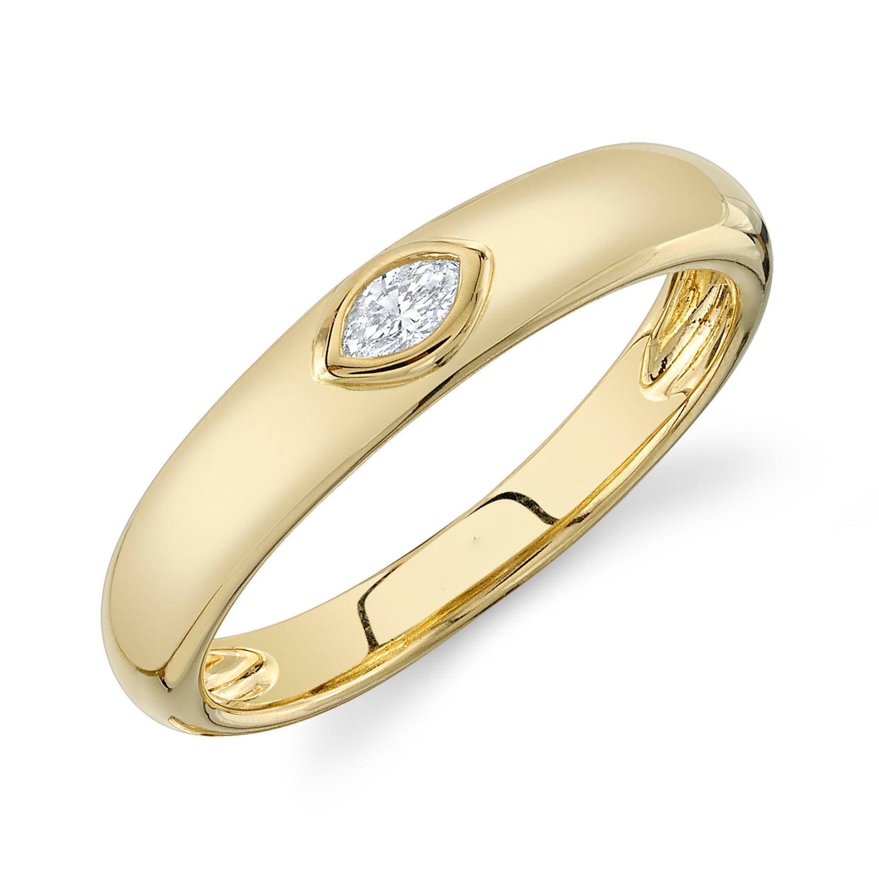 A gold band bezel ring with a single round diamond set in the bezel setting