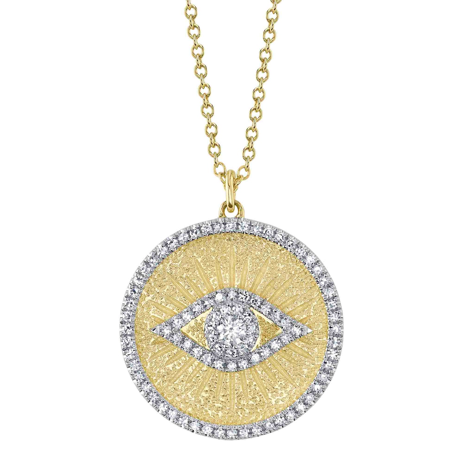 A gold necklace with a circular medallion featuring an evil eye design surrounded by diamonds