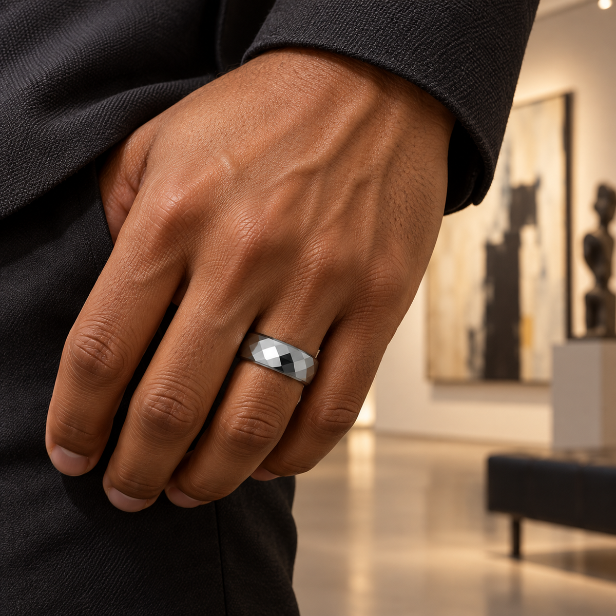 8mm Tungsten Faceted Domed Band lifestyle image