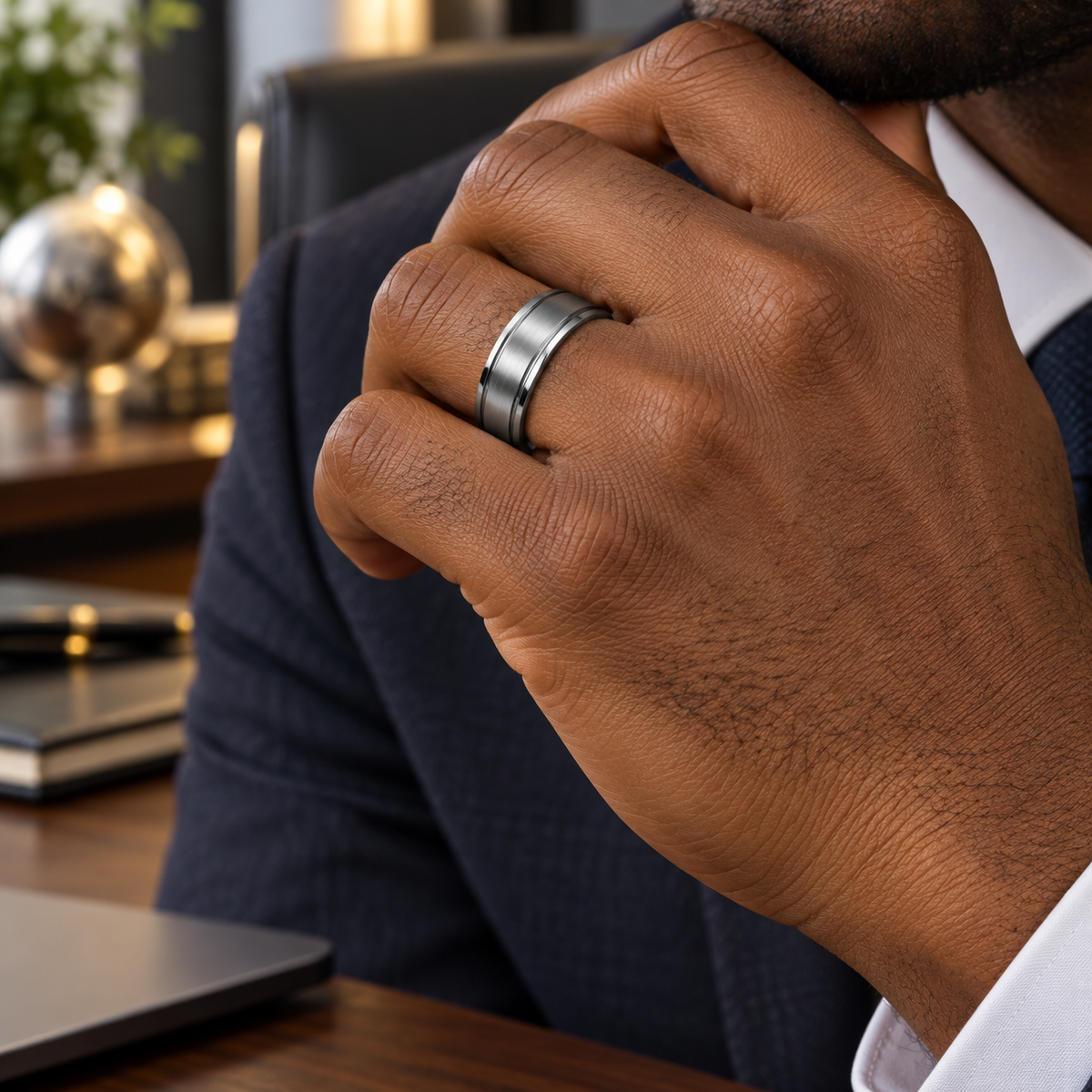 8mm Tungsten Brushed Ridged-Edge Band lifestyle image