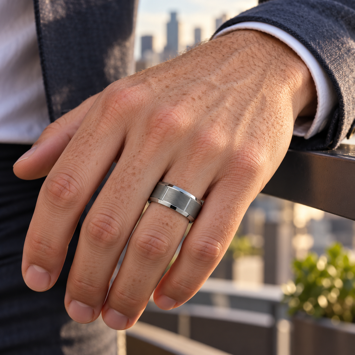 9mm Tungsten Brushed Vertical-Groove Band lifestyle image