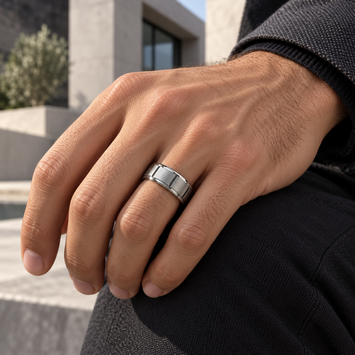 9mm Tungsten Brushed Diagonal-Groove Band lifestyle image