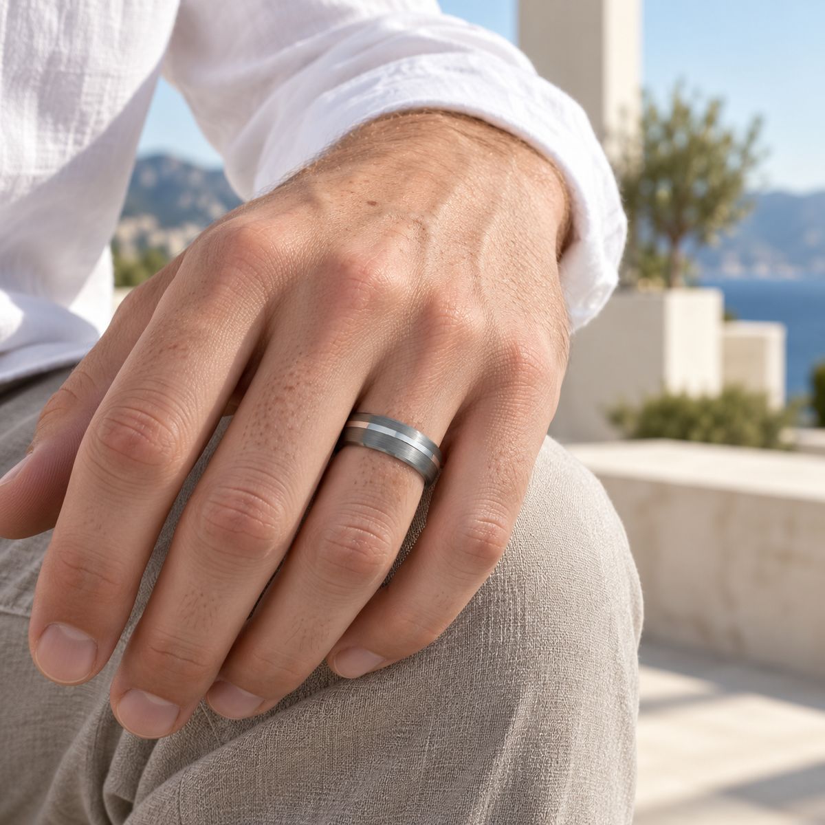 8mm Tungsten Brushed Band with Polished Center Line lifestyle image