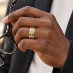 8mm Yellow & Silver Tungsten Brushed Double-Groove Band worn on hand lifestyle view — TR1000